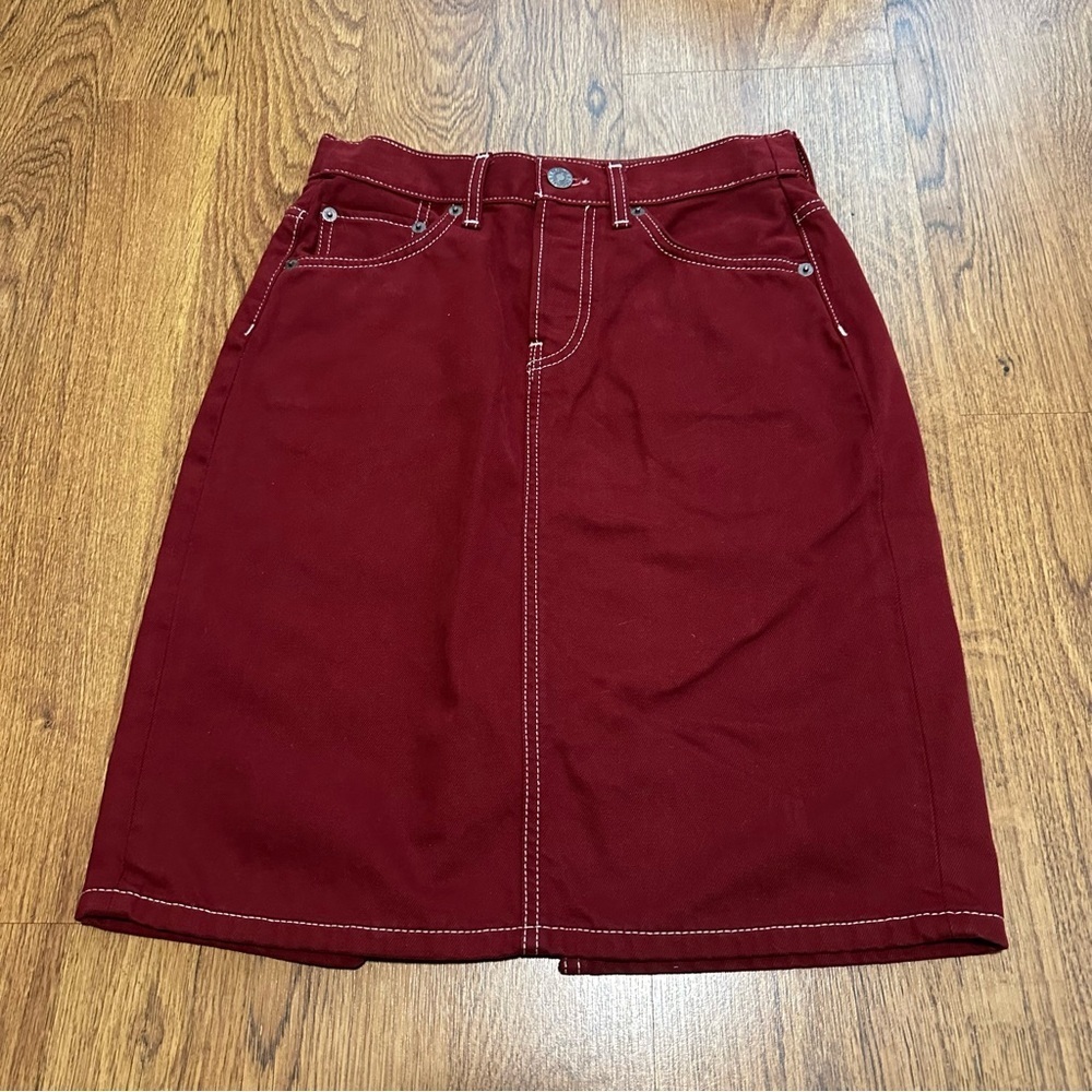 Re/Done Deep Red denim Mini Skirt size 25 pencil skirt white stitching